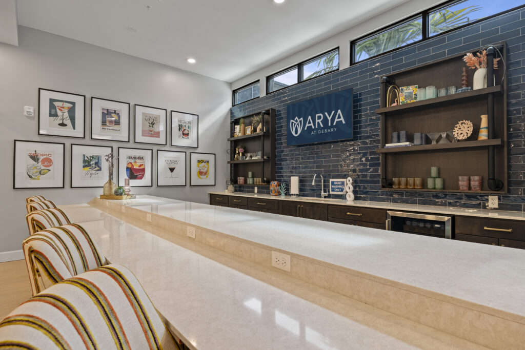 Counter seating area with cocktail artwork and dark blue backsplash at Arya at DeBary.
