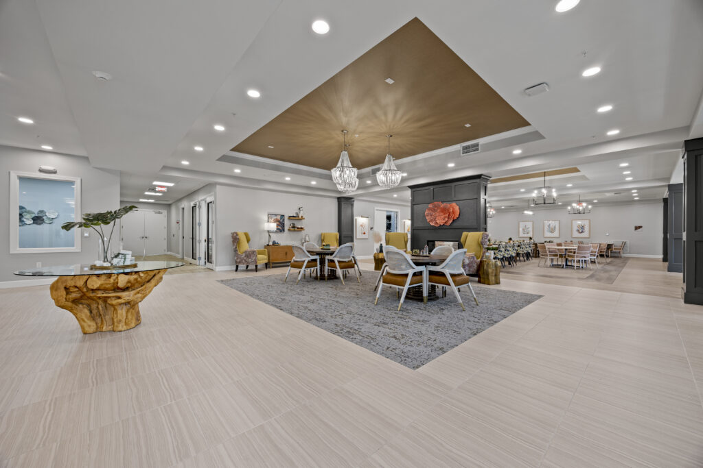 Spacious common area with modern seating and dining spaces at Arya at DeBary.