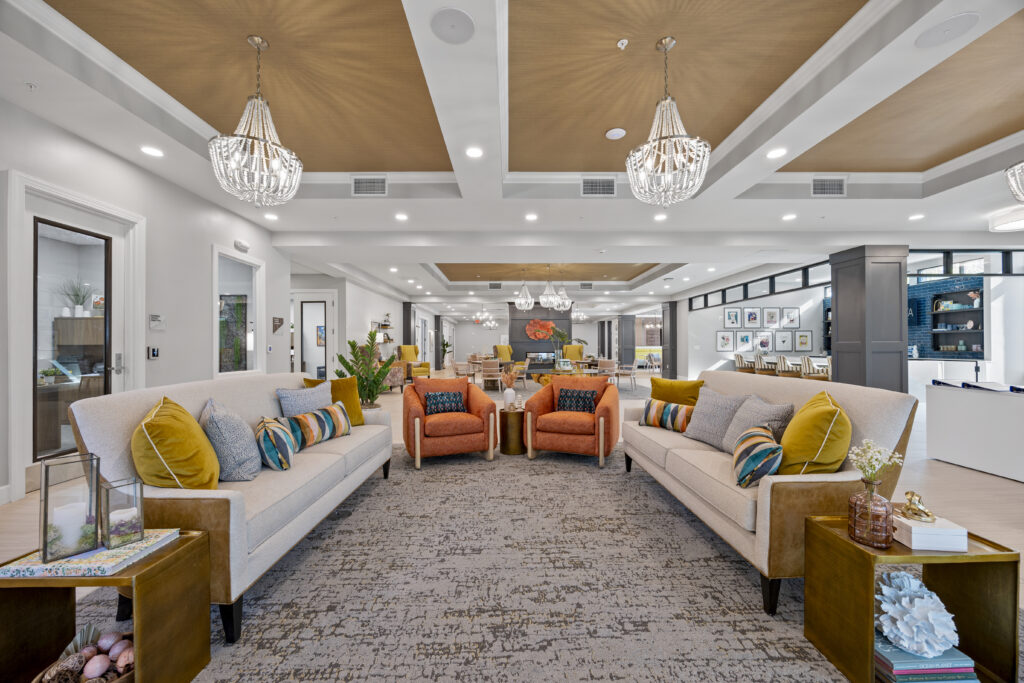 Bright lounge with chandeliers, modern sofas, and colorful pillows at Arya at DeBary.