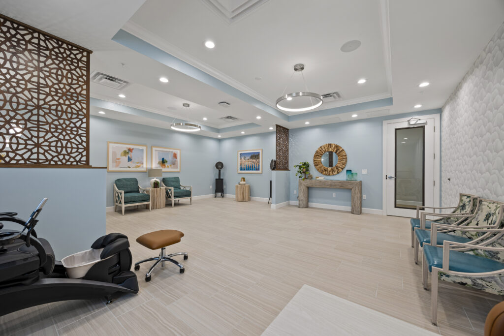 Modern beauty salon showcasing stylish decor, comfortable seating, and relaxing ambiance.