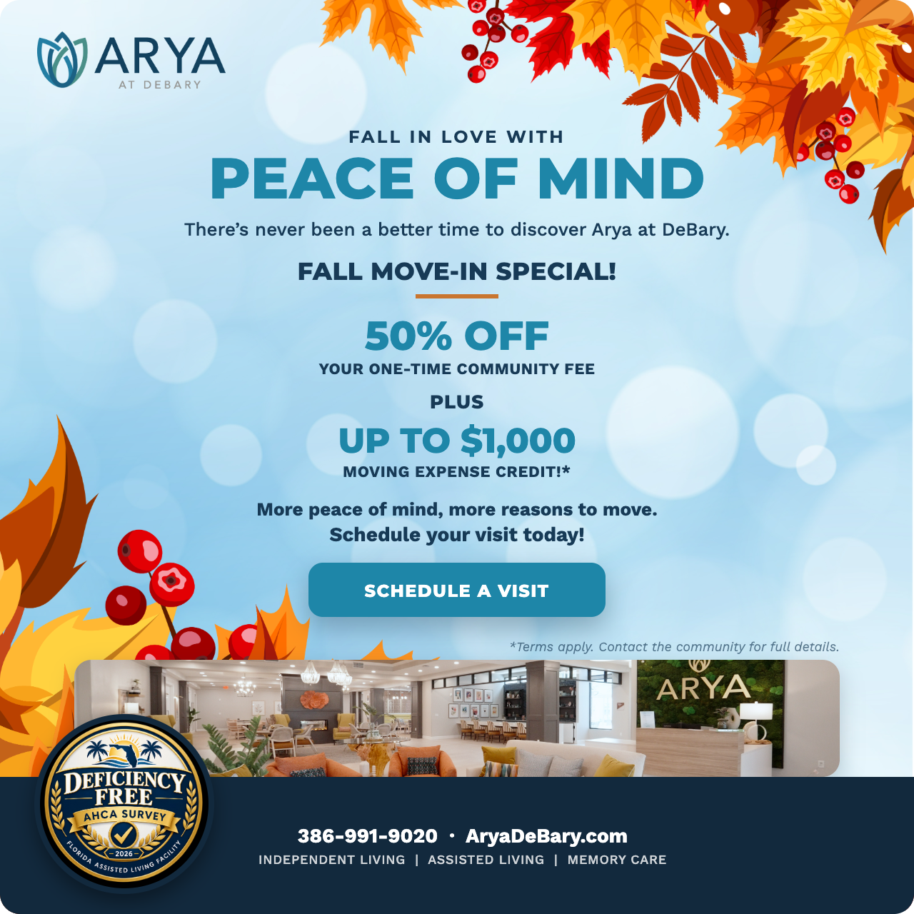Autumn-themed ad for Arya at DeBary promoting a Fall Move-In Special: 50% off the one-time community fee and up to $1,000 moving credit, with a 'Schedule a Visit' button.