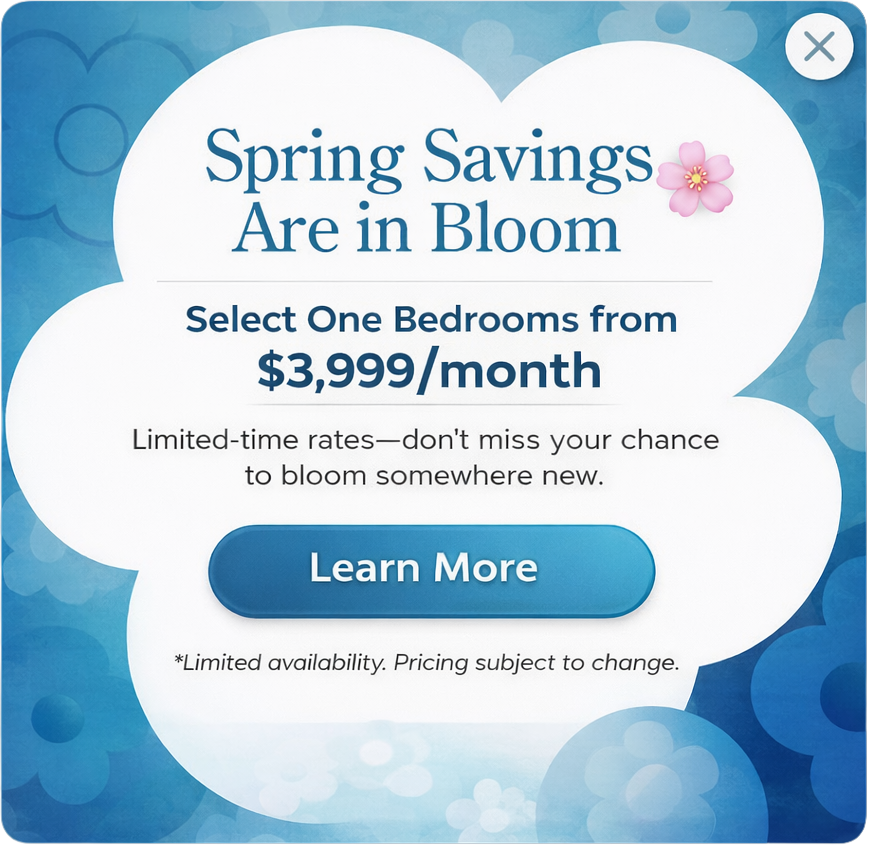 Promotional banner: blue floral ad reading 'Spring Savings Are in Bloom' with 'Learn More' button.